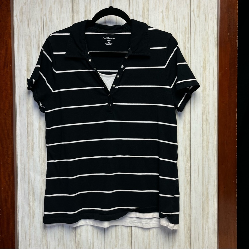Croft & Barrow Knit Top Black White Stripe Snap Buttons and Faux Layering XL